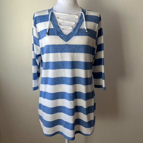 La Madona Blue & White Striped V-Neck Tee w/ Lace-Up Detail - Casual Chic! Sz M - Picture 1 of 14